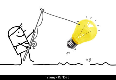 Heureux l'homme à la main de dessin animé d'une grande pêche Light Bulb Banque D'Images