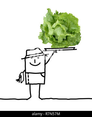 Hand drawn Cartoon agriculteur avec grande salade fraîche dans un bac Banque D'Images