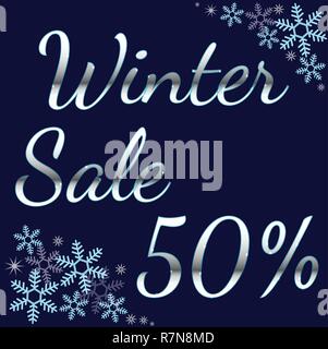 Argent élégant design lettrage d'hiver vente d'hiver 50 % avec brillant et flocons lumineux sur fond bleu. Illustration de Vecteur