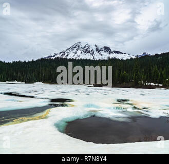 Le mont Rainier vu de neige gelée et la réflexion des lacs, Mt Rainier National Park, Washington State, USA. Banque D'Images