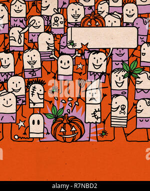 Hand drawn Cartoon gens foule et Happy Halloween Time Banque D'Images