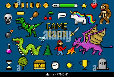 Pixel Art 8 bits en objets. Jeu rétro actif. Ensemble d'icônes. vintage ordinateur vidéo arcades. caractères poney dinosaure dragon serpent unicorn arc-en-singe et coins, trophée. vector illustration. Illustration de Vecteur