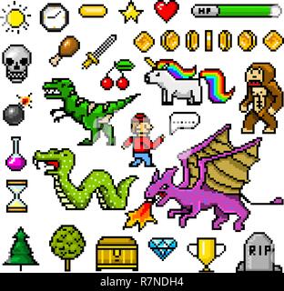 Pixel Art 8 bits en objets. Jeu rétro actif. Ensemble d'icônes. vintage ordinateur vidéo arcades. caractères poney dinosaure dragon serpent unicorn arc-en-singe et coins, trophée. vector illustration. Illustration de Vecteur