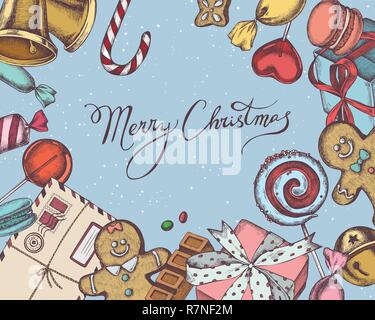Composition des vecteurs avec des cloches, des jingles, des hommes de pain d'épice, épices, macaron, sucette, bar, bonbons, empoissonnement, lettrage, coffrets cadeaux Illustration de Vecteur
