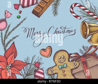 Composition des vecteurs avec des cloches, gingerbread men, d'épices, sucette, bar, bonbons, lettrage, poinsettia, pin, épicéa, bois rouge direction générale Illustration de Vecteur