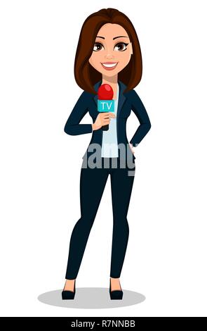 Femme journaliste. Belle Dame reporter holding microphone. Vector illustration sur fond blanc. Illustration de Vecteur