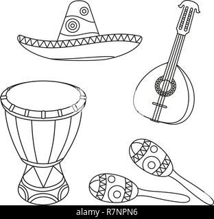 Les dessins au trait noir et blanc de la musique mexicaine. Illustration de Vecteur