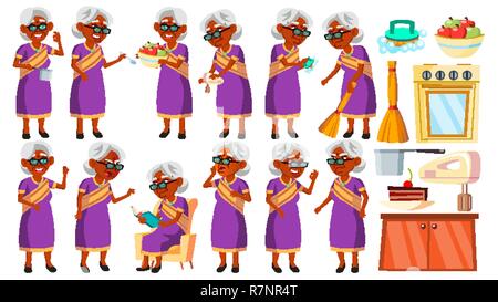 Vieille Femme indienne en Sari pose de vecteur. Les personnes âgées. L'hindouisme. Asiatique. Personne aînée. Personnes âgées. Cheerful grand-parent. Présentation, Invitation, conception de cartes. Cartoon illustration isolé Illustration de Vecteur