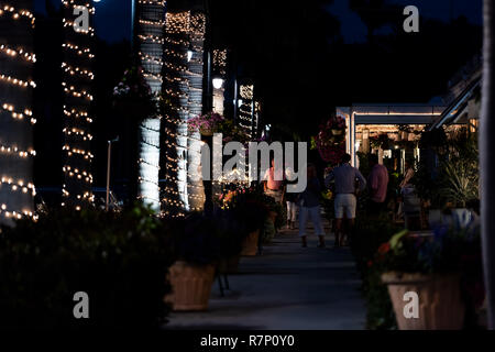 Naples, États-Unis - 29 Avril 2018 : maison de vacances lumières de Noël sur l'avenue des palmiers sur la plage du centre-ville en Floride ville ville durant nuit Soir, p Banque D'Images