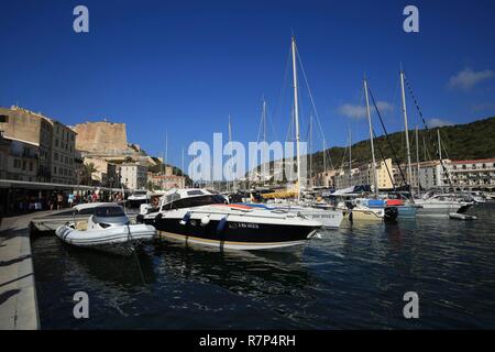 France, Corse du Sud, Bonifacio, les Bouches de Bonifacio, le port de Bonifacio et la citadelle en arrière-plan Banque D'Images