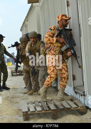 Recherche et de sauvetage 2017 Eagle résoudre - le personnel civil et militaire du Koweït, Qatar, Arabie saoudite et les États-Unis mener des exercices antiterroristes, les opérations de recherche et de sauvetage et répondre à une simulation d'explosion du véhicule dans le cadre de l'exercice Eagle résoudre, le 28 mars 2017, au Koweït. Les exercices de formation participant à même d'intervenir en tant que groupe de travail personnel du siège. Eagle exercice résoudre est le premier exercice multilatéral des États-Unis au sein de la péninsule arabique. Depuis 1999, Eagle Résoudre est devenu le premier engagement entre les États-Unis et le Conseil de coopération du Golfe nations t Banque D'Images