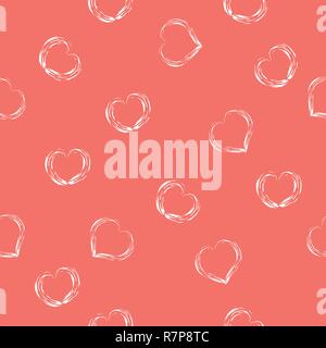 Coeurs blancs épars isolé sur couleur corail vivant. Seamless vector illustration. Illustration de Vecteur