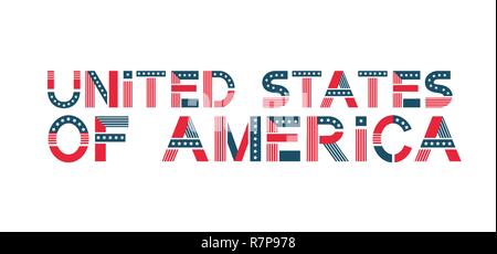 Le texte vectoriel United States of America. Bannière drapeau USA en couleurs avec des étoiles et des rayures. Illustration de Vecteur