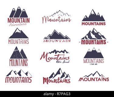 Emblèmes de montagne ensemble. Dessiné à la main vintage logos d'aventure. Collection d'étiquettes de camping. Correctifs vecteur Stock isolé sur fond blanc Illustration de Vecteur