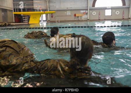 Des recrues de l'entreprise novembre, 4e Bataillon d'instruction des recrues, l'utilisation des packs sur le terrain que les dispositifs de flottaison de l'eau pendant l'entraînement de survie le 20 mars 2017, sur l'Île Parris, L.C. (qualification de survie en eau, l'un des sept de l'obtention du diplôme, comprend également une piscine de 25 mètres, sautant d'une tour de 10 pieds, se maintenir à la surface pendant 4 minutes et l'excrétion de l'équipement de combat sous l'eau. Société novembre est prévue pour le 19 mai 2017 études supérieures. Parris Island est le lieu d'entraînement des recrues du Corps des marines depuis le 1 novembre 1915. Aujourd'hui, environ 19 000 recrues proviennent à Parris Island chaque année pour l'occasion de Banque D'Images