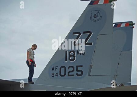 U.S. Air Force Airman First Class Mardee Holmes, affecté à la 18e Escadre de la Base aérienne de Kadena, Japon, effectue un vol d'inspection à travers le haut d'un F-15, qui assure l'avion est sûr pour vol, lors de l'exercice composer Tiger 17 (CT) à Korat Royal Thai Air Force Base, en Thaïlande, le 27 mars 2017. Le rapport annuel exercice multilatéral, ce qui implique un total combiné de 76 avions et de 43 actifs de la défense, vise à améliorer la préparation au combat combiné et l'interopérabilité entre la force aérienne de la République de Singapour, Royal Thai Air Force, et la Force aérienne des États-Unis, tout en procédant à l'optimiser Banque D'Images