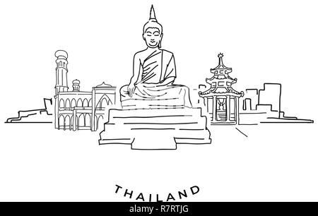 Thaïlande bouddha et les repères du dessin. Vector illustration dessinée à la main. Célèbre série de destinations de voyage. Illustration de Vecteur