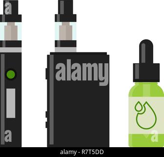 Vaping périphérique et accessoire. Cigarette électronique et des bouteilles avec vape liquide. e- liquide, e-Jus. Vector illustration isolé sur fond blanc. Illustration de Vecteur