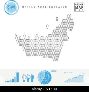 Emirats Arabes Unis Personnes Carte des Icônes. Les gens foule dans la forme d'une carte de l'eau. Silhouette stylisée des EAU. La croissance de la population et au vieillissement Infographie E Illustration de Vecteur