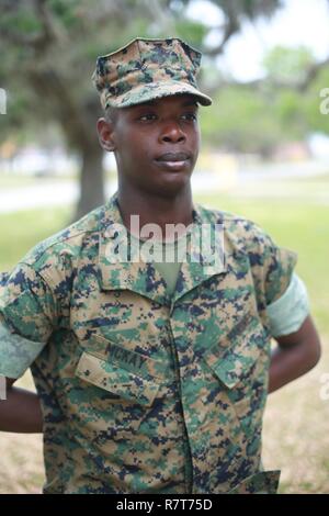 Pvt. Andre J. Mckay, 1018, un peloton de la Compagnie Alpha, 1er bataillon de formation des recrues, a obtenu la nationalité américaine, 42831 sur l'Île Parris, L.C. (avant d'obtenir la citoyenneté, les candidats doivent faire preuve de connaissance de la langue anglaise et le gouvernement américain, preuve de bonne moralité et de prêter le serment d'allégeance à la Constitution des États-Unis. Cisneros, d'Atlanta, originaire de la Jamaïque, est prévue pour 42829 cycles supérieurs. Banque D'Images