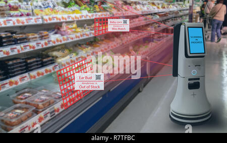 Concept de vente au détail intelligente, l'utilisation de robot pour vérifier les données des magasins ou que de stock sur des étagères avec des codes à barres et facilement vu les prix ou photo com Banque D'Images