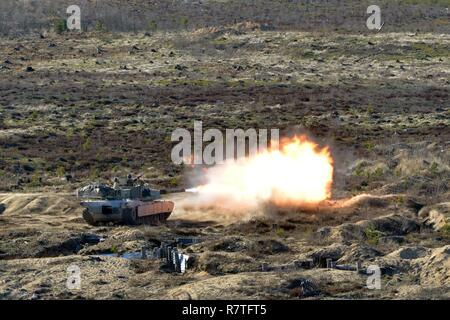 Des soldats américains affectés au chaos Company, 1-68 Armor Battalion conduite de tir réel au niveau de la section dans le cadre d'un exercice de combat militaire conjointe avec les soldats estoniens du 04-06 avril, 2017 dans le domaine de la formation centrale estonienne près de Tapa, l'Estonie. Des soldats de l'1-68 Armor bataillon, basée à Fort Carson, Colorado, participent à une rotation d'accroître les capacités des Forces de défense de l'Estonie dans le cadre de l'opération dirigée par l'OTAN et résoudre l'Atlantique. L'Atlantique, l'opération dirigée par l'américain en Europe de l'Est, témoigne de l'engagement des États-Unis à la sécurité collective de l'OTAN et dévouement à l'e Banque D'Images