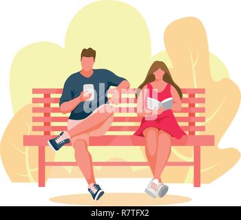 L'homme et la jeune fille assise sur un banc. L'homme utilise un téléphone mobile. Girl reading book. Banc de parc Vector Illustration Illustration de Vecteur