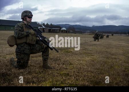 La Marine américaine lance le Cpl. Raymond Jastrzebski Jr., un carabinier avec force de rotation maritime 17,1 Europe (MRF-E) prend une pause tactique au cours d'une patrouille dans l'escouade Vaernes Garnison, la Norvège, le 7 avril 2017. MRF-E a participé au niveau équipe patrouille en fonction de la formation. MRF-E train pour maintenir et améliorer les compétences pour les exercices dans l'Europe. Banque D'Images