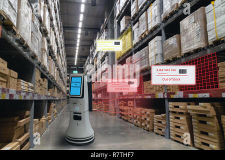 Concept de vente au détail intelligente, l'utilisation de robot pour vérifier les données des magasins ou que de stock sur des étagères avec des codes à barres et facilement vu les prix ou photo com Banque D'Images