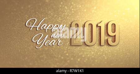 Nouvelle Année 2019 date nombre et salutations sur un fond d'or - 3D illustration Banque D'Images