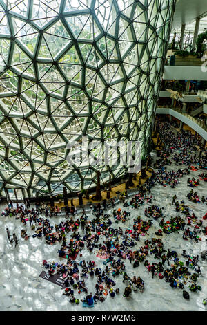 Musée d'Histoire Naturelle de Shanghai avec vue sur l'intérieur de la paroi de verre et les élèves faire un pique-nique Banque D'Images