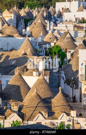 Italie, Pouilles, vallée d'Itria, Alberobello, Site du patrimoine mondial de l'UNESCO pour le district de trulli, habitations faites de pierres sèches avec un toit conique recouvert de lauzes calcaires Banque D'Images