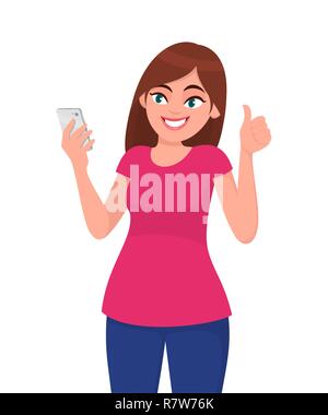 Belle jeune femme en tenant avec le smartphone et selfies gesturing Thumbs up sign. Mode de vie moderne, les émotions humaines et le langage du corps concept illustra Illustration de Vecteur