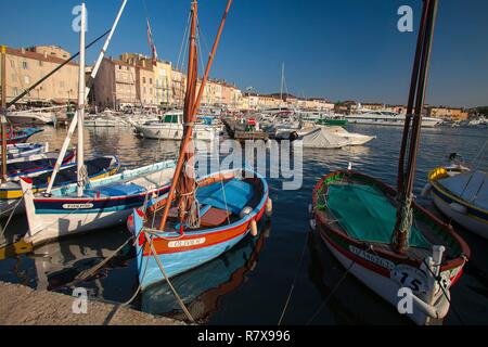 La France, Var, Saint Tropez, l'alignement de pointus dans le vieux port Banque D'Images