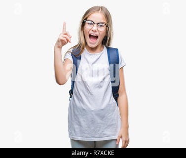 Beau jeune étudiant intelligent girl wearing backpack sur fond isolé montre de l'index jusqu'à une bonne idée. Quitté et heureux. Numéro un. Banque D'Images