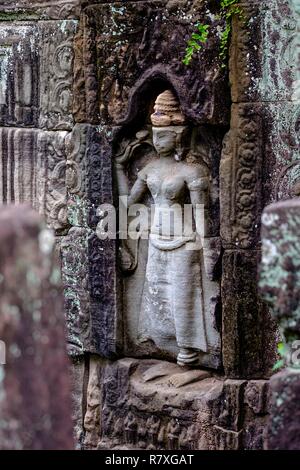 Cambodge, Angkor classé au Patrimoine Mondial par l'UNESCO, Banteay Prei, construit en 12 - 13 ème siècle par le roi Jayavarman VII, apsara sculpture sur le mur extérieur Banque D'Images