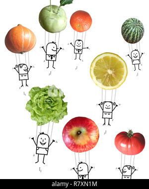 Hand Drawn Cartoon les gens en l'air avec des fruits et légumes des ballons Banque D'Images