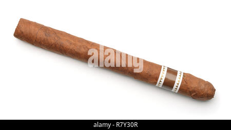 Vue de dessus du cigare roulé à la main avec étiquette isolated on white Banque D'Images