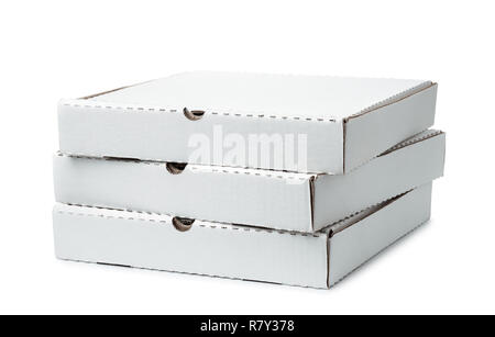Pile de trois cases vides boîtes à pizza isolated on white Banque D'Images