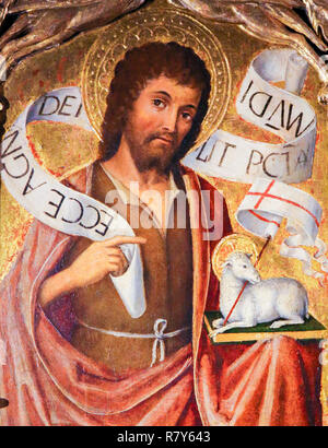 Peinture de Saint Jean le Baptiste et de l'Agnus Dei sur le retable de Saint Nicolas (1500) dans la Cathédrale de Monaco Banque D'Images