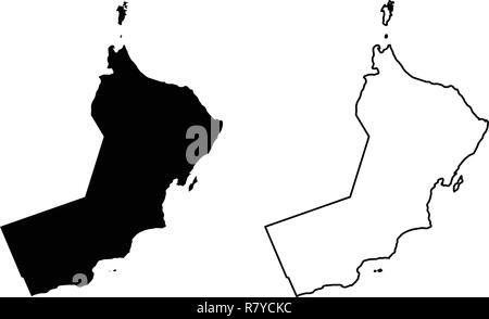 Simple (seulement les coins pointus) Carte du Sultanat d'Oman dessin vectoriel. Projection de Mercator. Rempli et contours version. Illustration de Vecteur