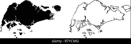 Simple (seulement les coins pointus) Carte - République de Singapour dessin vectoriel. Projection de Mercator. Rempli et contours version. Illustration de Vecteur