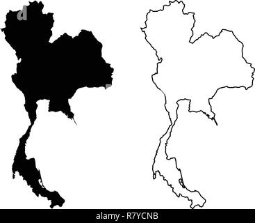 Simple (seulement les coins pointus) Carte de la Thaïlande dessin vectoriel. Projection de Mercator. Rempli et contours version. Illustration de Vecteur