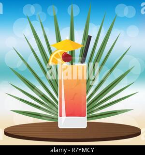 Tequila Sunrise cocktail sur bac classique en bois , sur fond flou flou avec vector illustration pour le web et print, l'invitation et les menus pour les ba Illustration de Vecteur