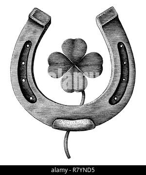 Antique de Horseshoe et clover leaf dessiner à main vintage style gravure illustration isolé sur fond blanc Illustration de Vecteur