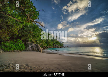 Coucher du soleil sur la plage pittoresque de rêve à anse georgette sur Praslin sur les seychelles. Un gros rocher de granit, l'eau turquoise, des palmiers et un ciel romantique.. Banque D'Images