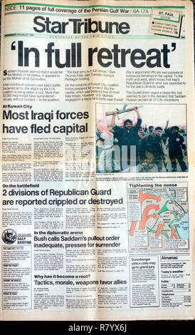 Journal StarTribune titre couverture que les forces iraquiennes en pleine retraite sur 2/27/91. St Paul Minnesota MN USA Banque D'Images