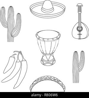 Les dessins au trait noir et blanc 7 éléments mexicains. Illustration de Vecteur
