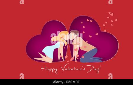 Carte Saint Valentin avec couple kissing in love heart sur fond rouge. Vector illustration d'art sur papier. Coupe papier et de l'artisanat traditionnel. Illustration de Vecteur