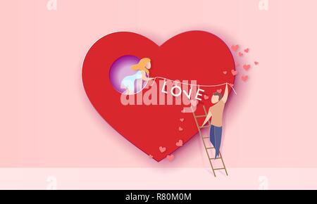 Carte Saint Valentin avec couple holding mot amour sur cœur rouge. Vector illustration d'art sur papier. Coupe papier et de l'artisanat traditionnel. Illustration de Vecteur